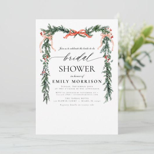 QR Code Pine Bow Christmas Bridal Shower Kaart (Staand voorkant)