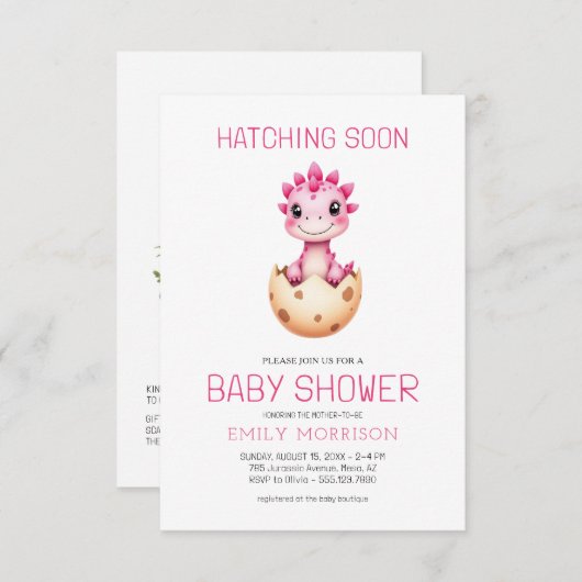 QR Code Pink Dinosaur Hatching Soon Baby Shower Kaart (Voorkant / Achterkant)