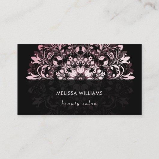QR Code | Pink Shiny Black Floral Mandala Visitekaartje (Voorkant)