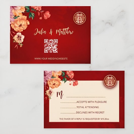 QR Code Pioen Rood RSVP Chinese Trouwdag Kaartje
