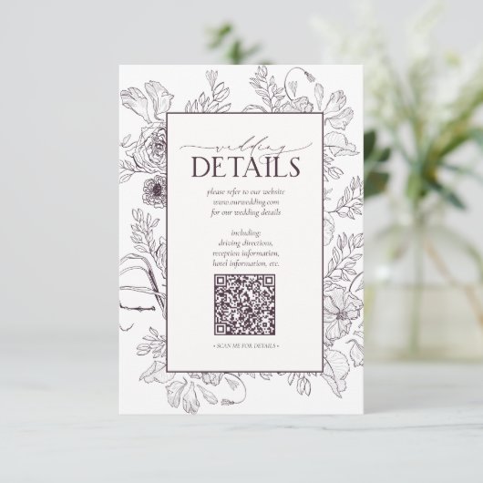 QR Code Plum Paars Floral Wedding Details Informatiekaartje (Staand voorkant)