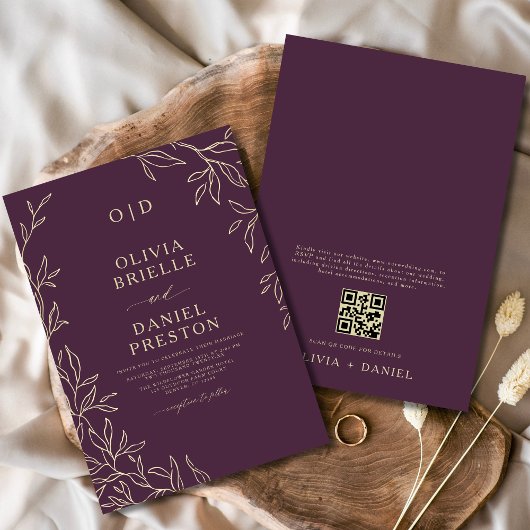 QR Code Plum Paarse & Goud Minimal Leaf Wedding Kaart