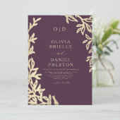 QR Code Plum Paarse & Goud Minimal Leaf Wedding Kaart (Staand voorkant)