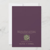 QR Code Plum Paarse & Goud Minimal Leaf Wedding Kaart (Achterkant)