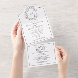 QR Code Plum Paarse Leafy Crest Monogram Weddensch All In One Uitnodiging