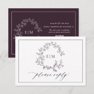QR Code Plum Paarse Leafy Crest Monogram Weddensch RSVP Kaartje