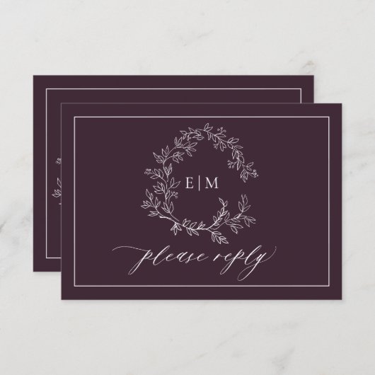 QR Code Plum Paarse Leafy Crest Monogram Weddensch RSVP Kaartje (Voorkant / Achterkant)