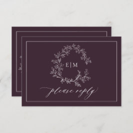 QR Code Plum Paarse Leafy Crest Monogram Weddensch RSVP Kaartje