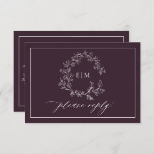 QR Code Plum Paarse Leafy Crest Monogram Weddensch RSVP Kaartje