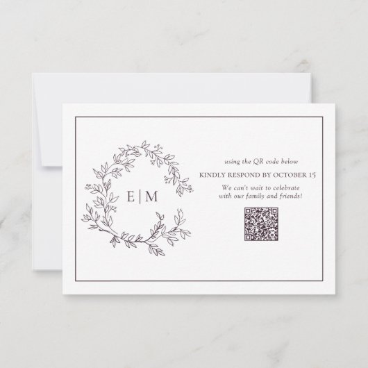 QR Code Plum Paarse Leafy Crest Monogram Weddensch RSVP Kaartje (Achterkant)