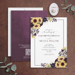 QR Code Plum Paarse Sunflower Waterverf Weddenscha Kaart<br><div class="desc">Creëer de perfecte trouwuitnodiging met dit trendy ontwerp met platte paarse en zonnebloemflorale botanische elementen en een paars lijst. Ideaal voor herfst- en winterbruiloften. Bespaar de kosten op het omsluiten van briefpapier met onze QR-code die op de achterkant van de uitnodiging voor RSVP- en Weddengegevens staat. Een deel van een...</div>