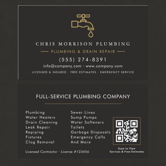 QR Code Plumbing Service Black & Gold Visitekaartje