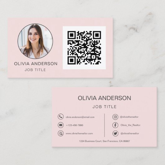 QR Code Professional Foto Blush roze roze roze gou Visitekaartje (Voorkant / Achterkant)