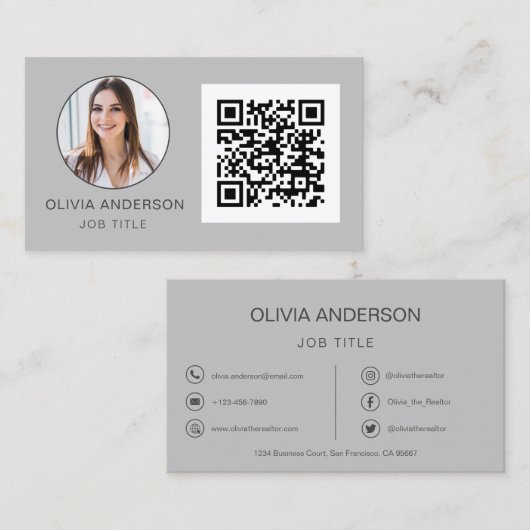 QR Code Professional Foto Silver Grey Visitekaartje (Voorkant / Achterkant)