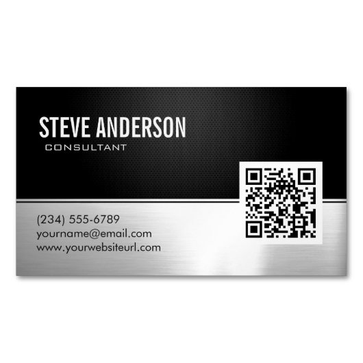 QR Code Professional Modern Black Silver Metallic Magnetisch Visitekaartje (Voorkant)