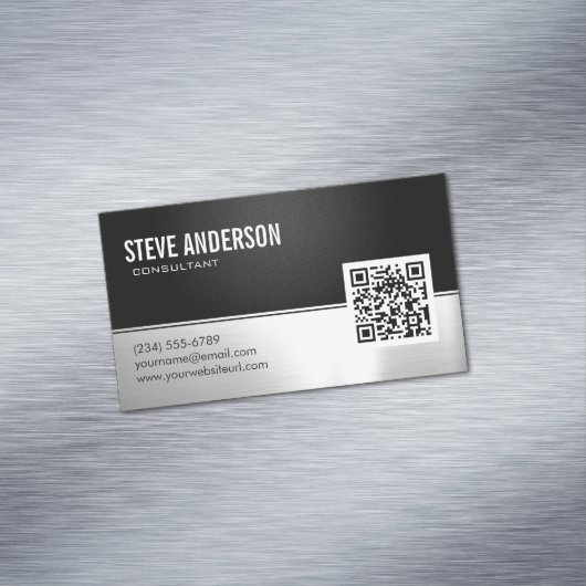 QR Code Professional Modern Black Silver Metallic Magnetisch Visitekaartje (Voorbeeld)