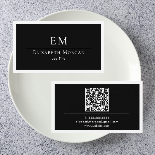 QR Code Professioneel Minimaal Monogram Zwart Wit Visitekaartje