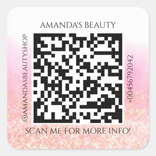 QR Code Promotie Naam Contact Web PIn Glitter Vierkante Sticker (Voorkant)