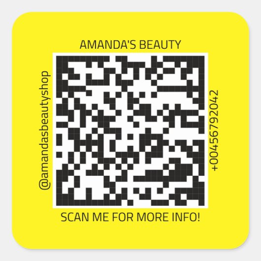 QR Code promotienaam Contact Web Geel Wit Vierkante Sticker (Voorkant)