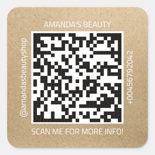 QR-code promotienaam Contact Web Natural Kraft Vierkante Sticker (Voorkant)