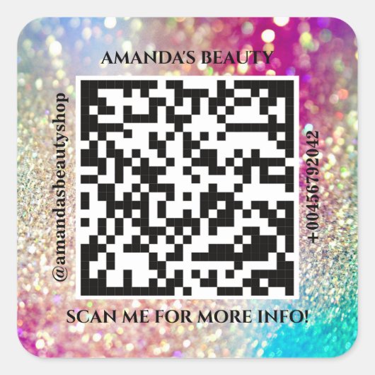QR Code Promotionele Naam Web Holograaf Glitter Vierkante Sticker (Voorkant)