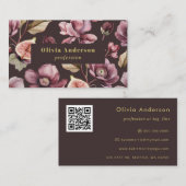 QR-code Pruim Donker Bloemig Vrouwelijk Chic Visitekaartje (Voorkant / Achterkant)