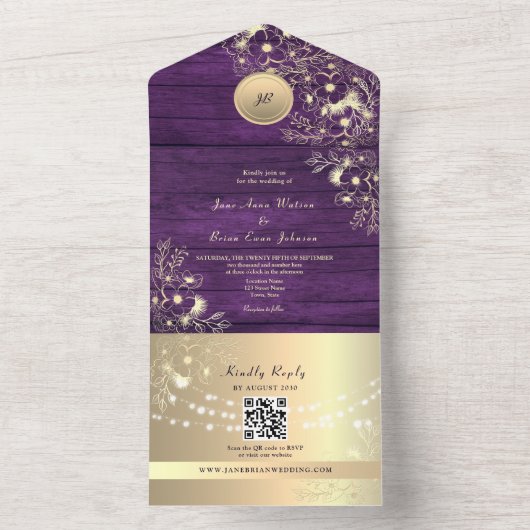 QR Code Purple Gold Rustic Lights Wedding All In One Uitnodiging (Binnen)