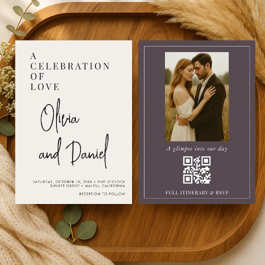 QR Code Purple Script Photo Wedding Kaart