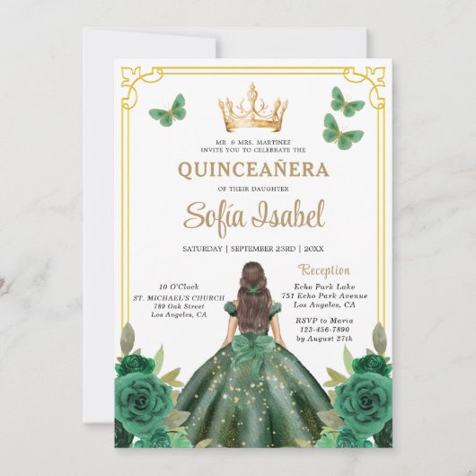 QR Code Quinceanera Bloemen Smaragdgroen Goud Kaart (Voorkant)