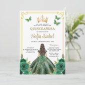 QR Code Quinceanera Bloemen Smaragdgroen Goud Kaart (Staand voorkant)