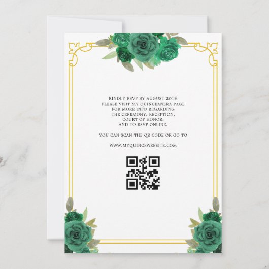 QR Code Quinceanera Bloemen Smaragdgroen Goud Kaart (Achterkant)