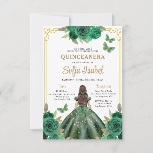 QR Code Quinceanera Bloemen Smaragdgroen Goud Kaart (Voorkant)