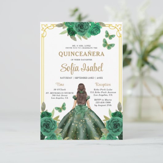 QR Code Quinceanera Bloemen Smaragdgroen Goud Kaart (Staand voorkant)