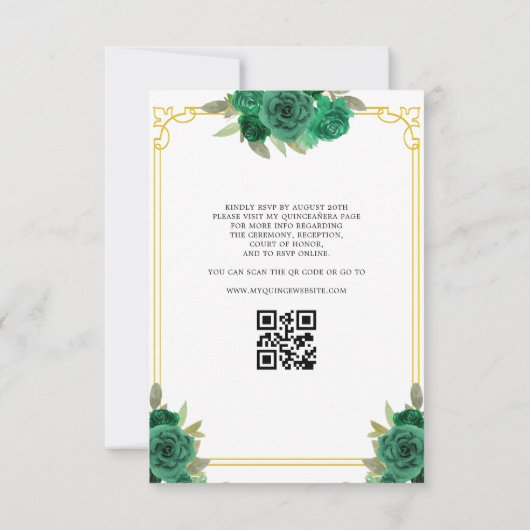 QR Code Quinceanera Bloemen Smaragdgroen Goud Kaart (Achterkant)