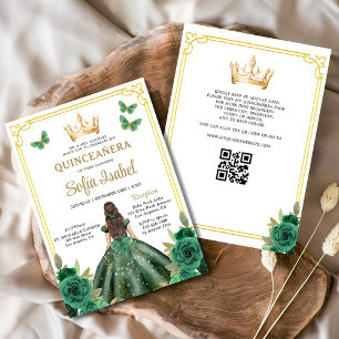 QR Code Quinceanera Bloemen Smaragdgroen Goud Kaart
