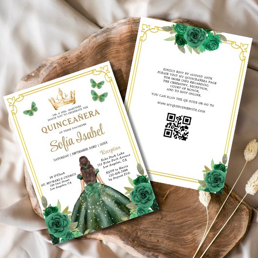 QR Code Quinceanera Bloemen Smaragdgroen Goud Kaart