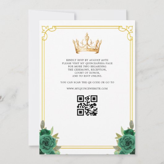 QR Code Quinceanera Bloemen Smaragdgroen Goud Kaart (Achterkant)
