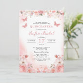 QR-code Quinceañera Blush Pink Rose Floral Kaart (Staand voorkant)
