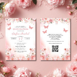 QR-code Quinceañera Blush Pink Rose Floral Kaart
