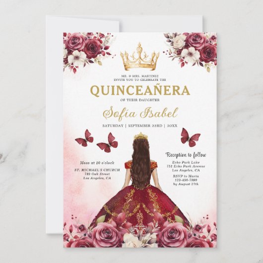 QR Code Quinceanera Floral Bourgondië Prinses Kaart (Voorkant)