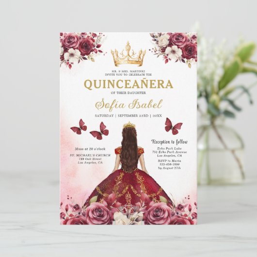 QR Code Quinceanera Floral Bourgondië Prinses Kaart (Staand voorkant)