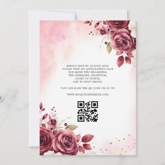 QR Code Quinceanera Floral Bourgondië Prinses Kaart (Achterkant)
