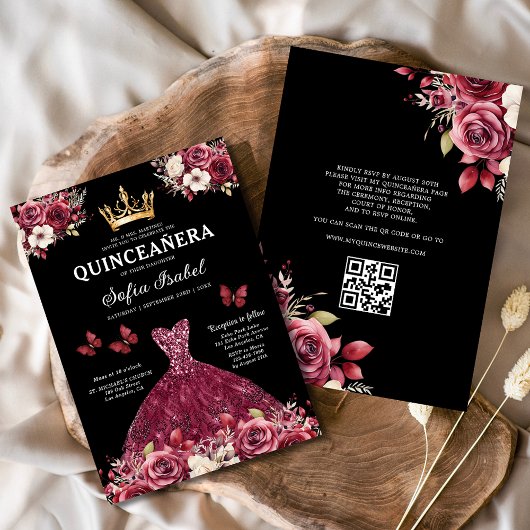 QR Code Quinceanera Floral Bourgondië Prinses Kaart