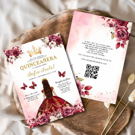 QR Code Quinceanera Floral Bourgondië Prinses Kaart