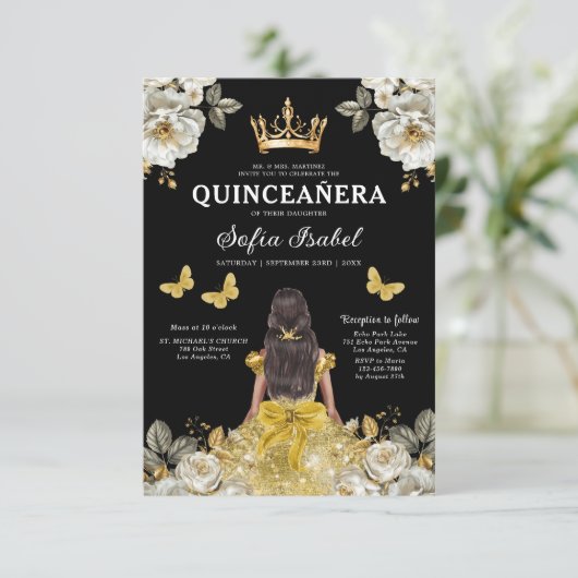 QR-code Quinceanera Floral Gold Princess Kaart (Staand voorkant)