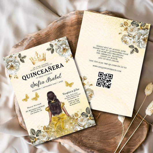 QR-code Quinceanera Floral Gold Princess Kaart