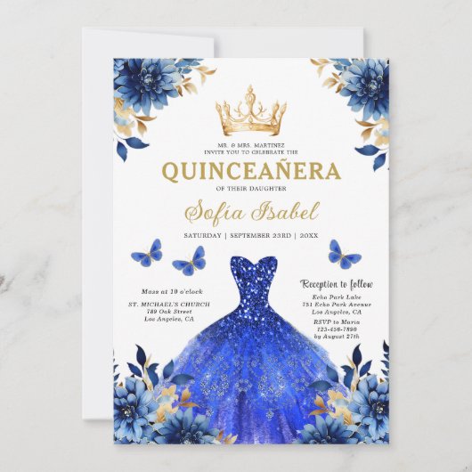 QR Code Quinceanera Floral Royal Blue Princess Kaart (Voorkant)