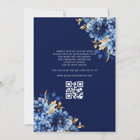 QR Code Quinceanera Floral Royal Blue Princess Kaart (Achterkant)