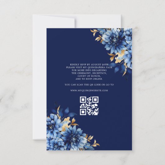 QR Code Quinceanera Floral Royal Blue Princess Kaart (Achterkant)