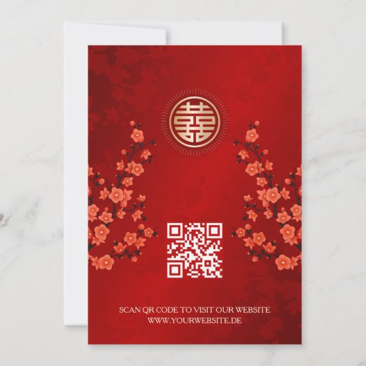 QR-code Red Cherry Blossom | Chinees huwelijk Kaart (Achterkant)